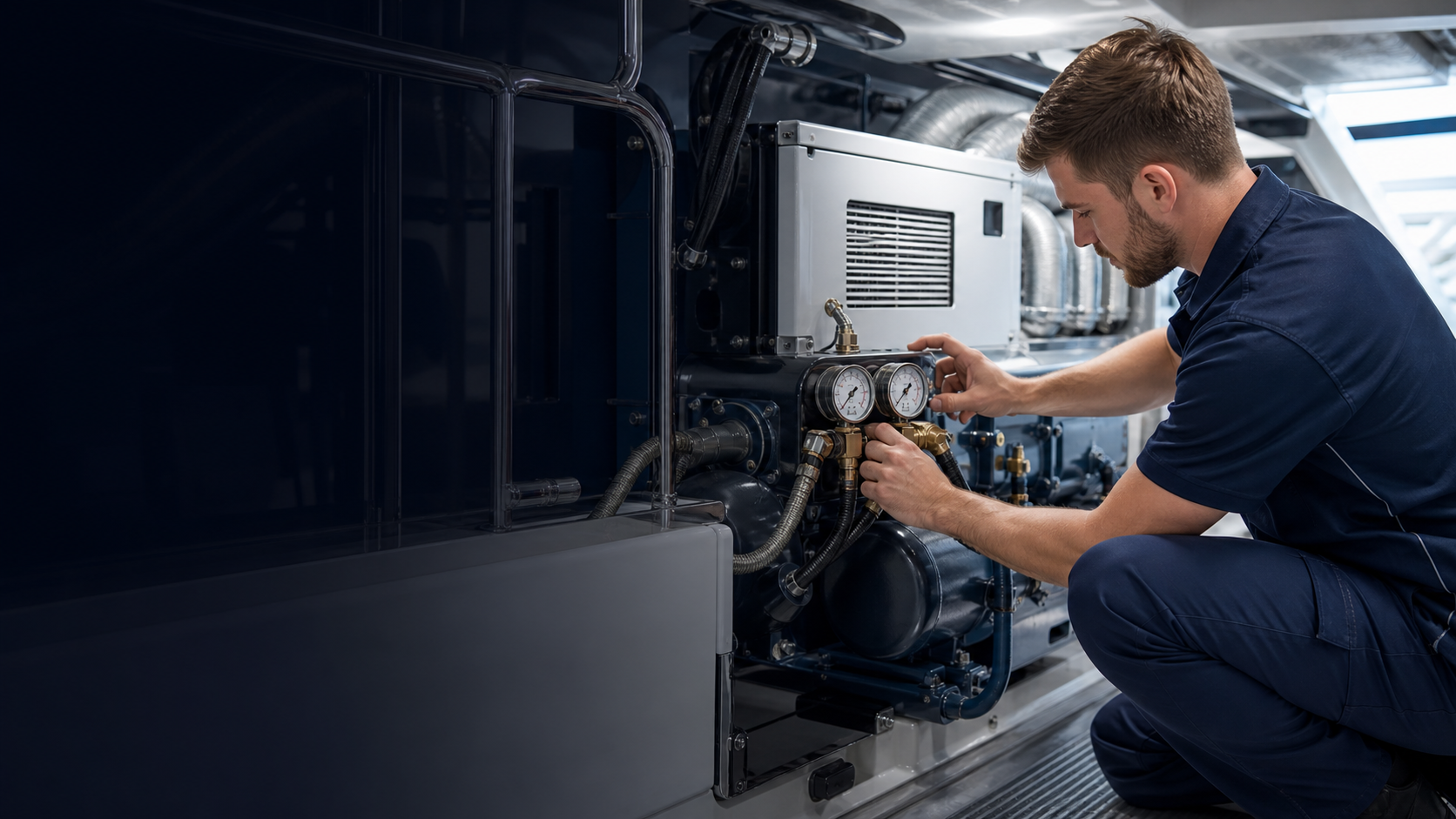 Technicien CLIMARINE effectuant l'entretien d'un compresseur marin a bord